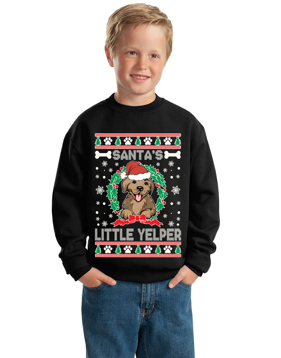 Santa's Little Yelper Ugly Christmas Sweater Unisex Boys Girls Crewneck Graphic Sweatshirt