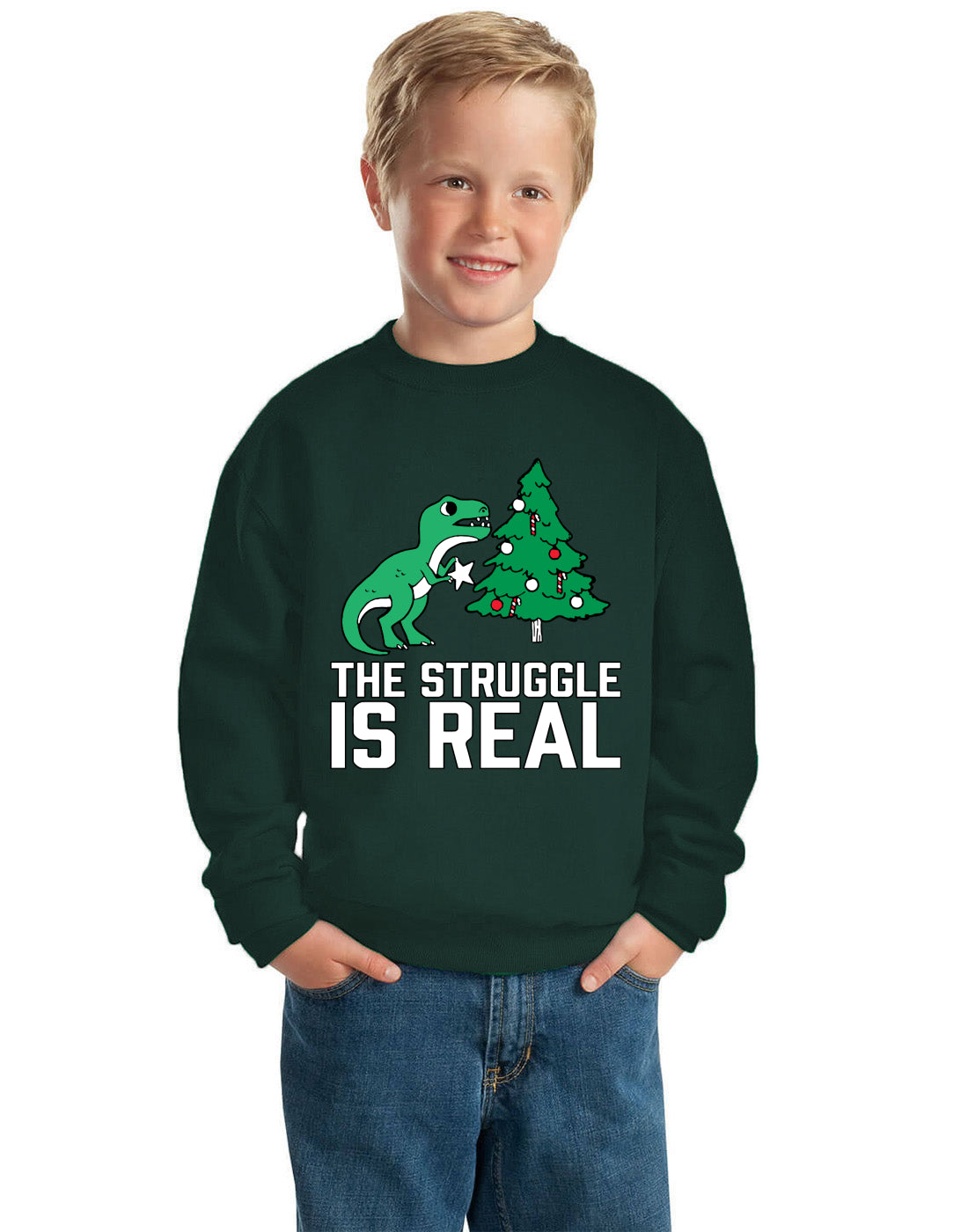 Christmas Trex The Struggle is Real Ugly Christmas Sweater Boys Crewneck Graphic Sweatshirt
