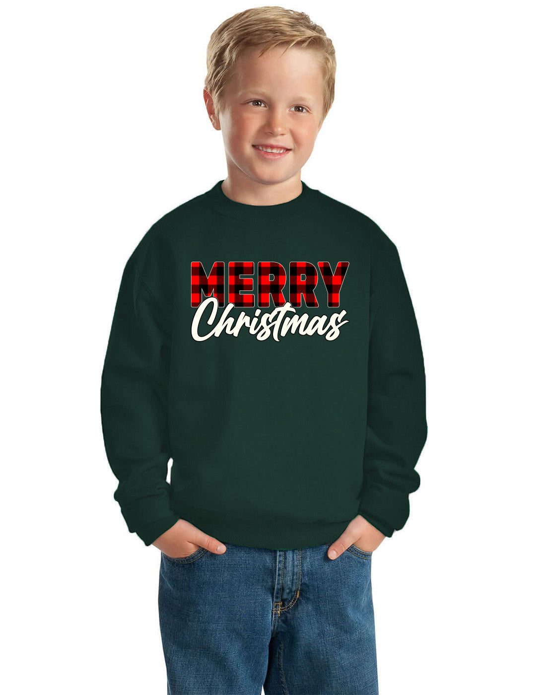 Merry Christmas Buffalo Plaid Christmas Unisex Boys Girls Crewneck Graphic Sweatshirt