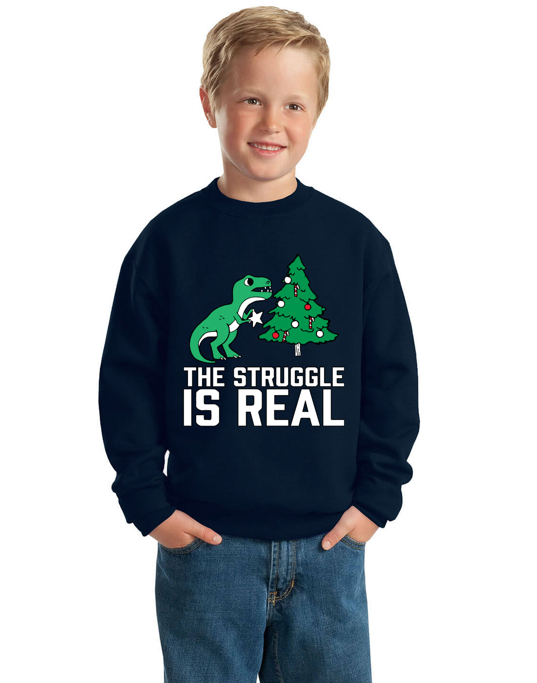 Christmas Trex The Struggle is Real Ugly Christmas Sweater Boys Crewneck Graphic Sweatshirt