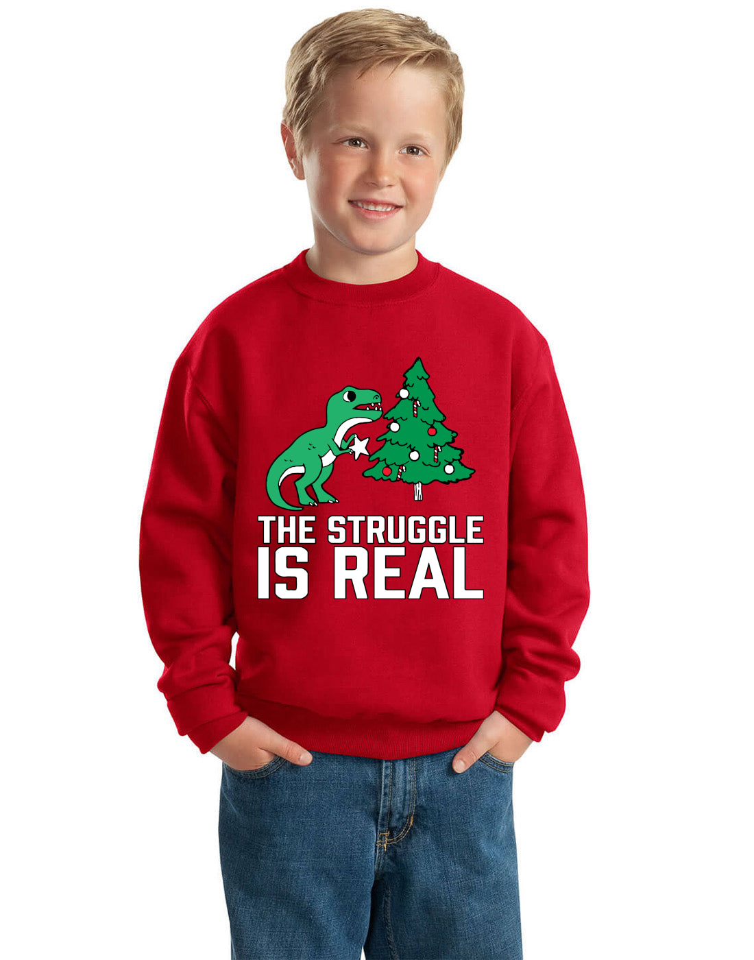 Christmas Trex The Struggle is Real Ugly Christmas Sweater Boys Crewneck Graphic Sweatshirt