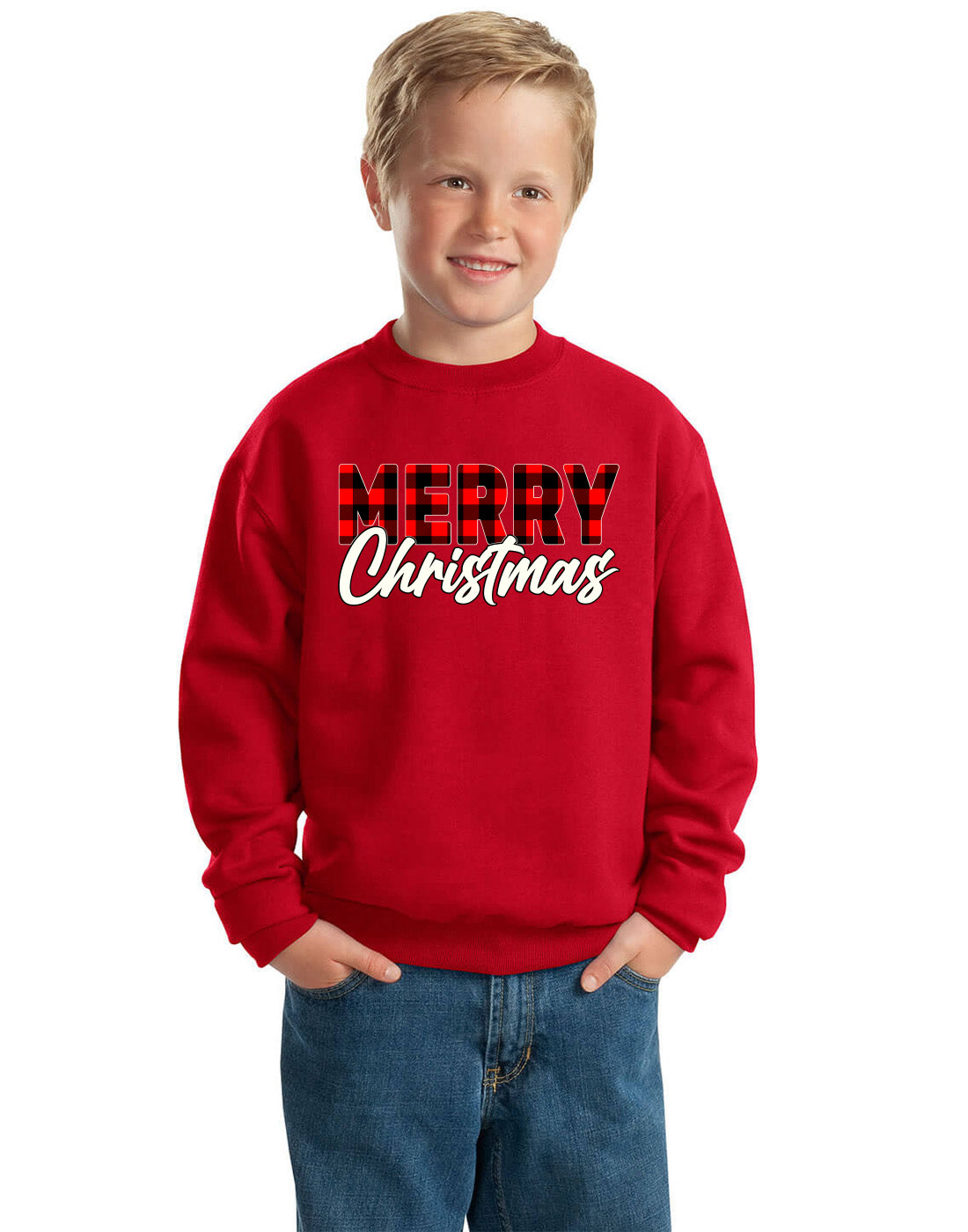 Merry Christmas Buffalo Plaid Christmas Unisex Boys Girls Crewneck Graphic Sweatshirt