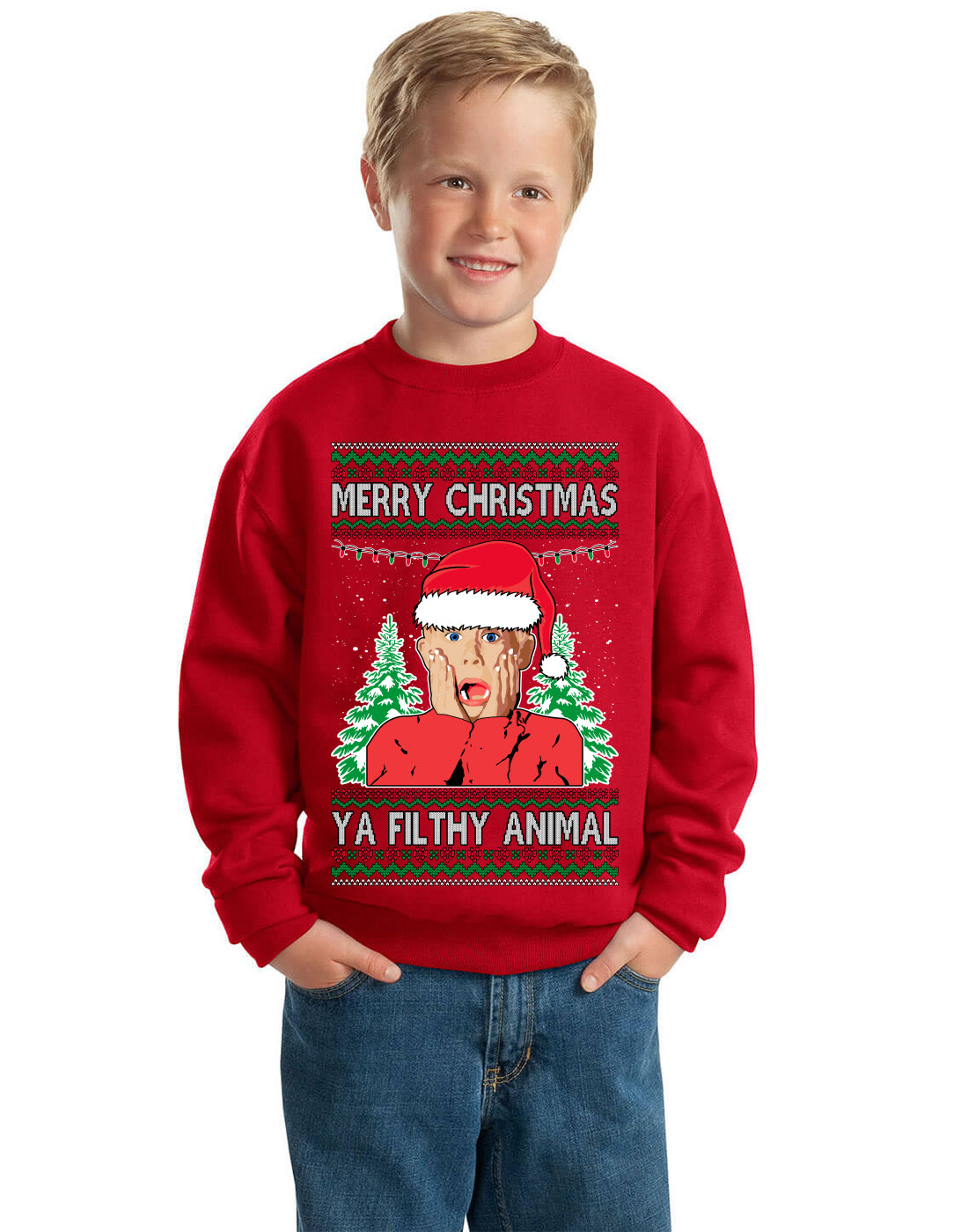 Merry Christmas Home Movie Alone Kid Ugly Christmas Sweater Unisex Boys Girls Crewneck Graphic Sweatshirt