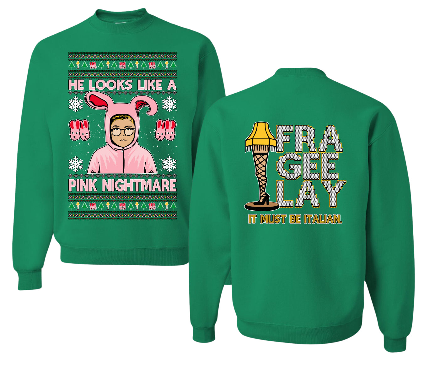 He Looks Like A Pink Nightmare Story Ugly Christmas Front and Back Sweater Unisex Crewneck Sweatshirt