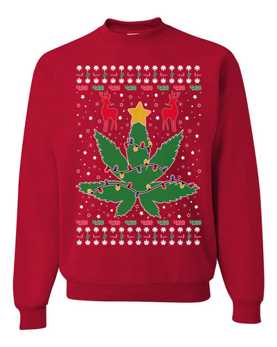 Weed Marijuana Lit Deer Pot Leaf Xmas Lights Christmas Unisex Crewneck Graphic Sweatshirt