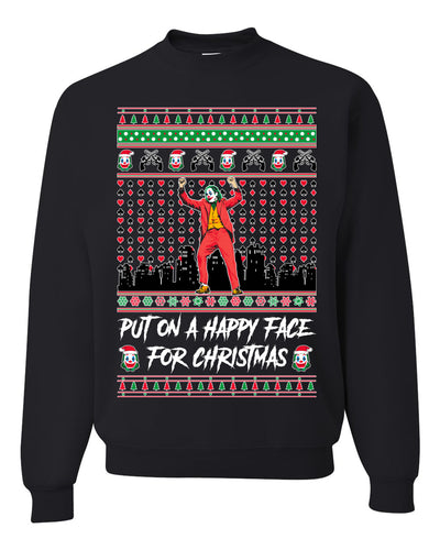Villain Put on a Happy Face for Christmas  Ugly Christmas Sweater Unisex Crewneck Graphic Sweatshirt