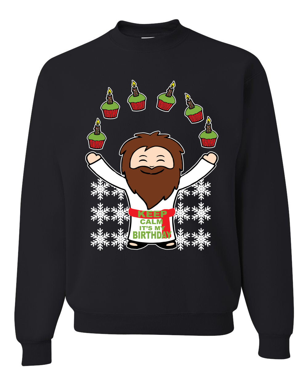 Keep Calm It's My Birthday Funny Jesus Juggling Cupcakes Merry Ugly Christmas Sweater Unisex Crewneck Graphic Sweatshirt