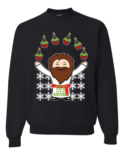 Keep Calm It's My Birthday Funny Jesus Juggling Cupcakes Merry Ugly Christmas Sweater Unisex Crewneck Graphic Sweatshirt