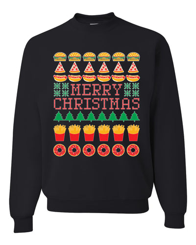 Merry Christmas Funny Junk Food Desert Foods Pizza Burger French Fries Merry Ugly Christmas Sweater Unisex Crewneck Graphic Sweatshirt