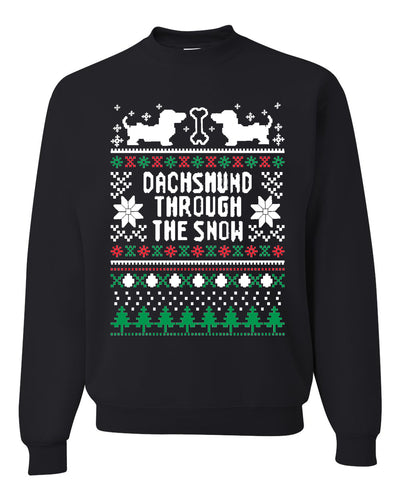 Daschund Through The Snow Merry Ugly Christmas Sweater Unisex Crewneck Graphic Sweatshirt