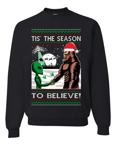 Bigfoot Tis' The Season to Believe in Conspiracies Aliens Ufo  Ugly Christmas Sweater Unisex Crewneck Graphic Sweatshirt