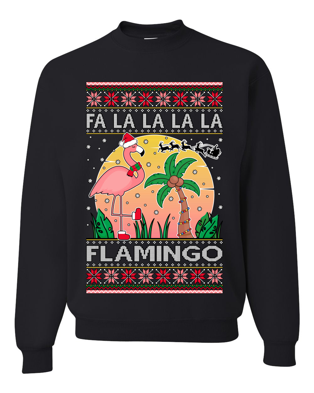 Fa La La La Mingo Pink Flamingo Santa Hat Lighting Trees Ugly Christmas Sweater Unisex Crewneck Graphic Sweatshirt