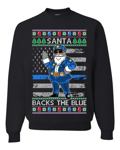 Santa Backs The Blue Pro Police Santa Claus Ugly Christmas Sweater Unisex Crewneck Sweatshirt