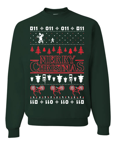 Stranger Merry Christmas Upside Down Bikes  Ugly Christmas Sweater Unisex Crewneck Graphic Sweatshirt