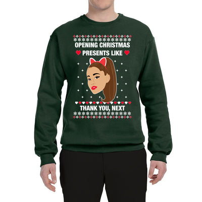 Opening Christmas Presents Like Thank You, Next Ugly Christmas Sweater Unisex Crewneck Graphic Sweatshirt