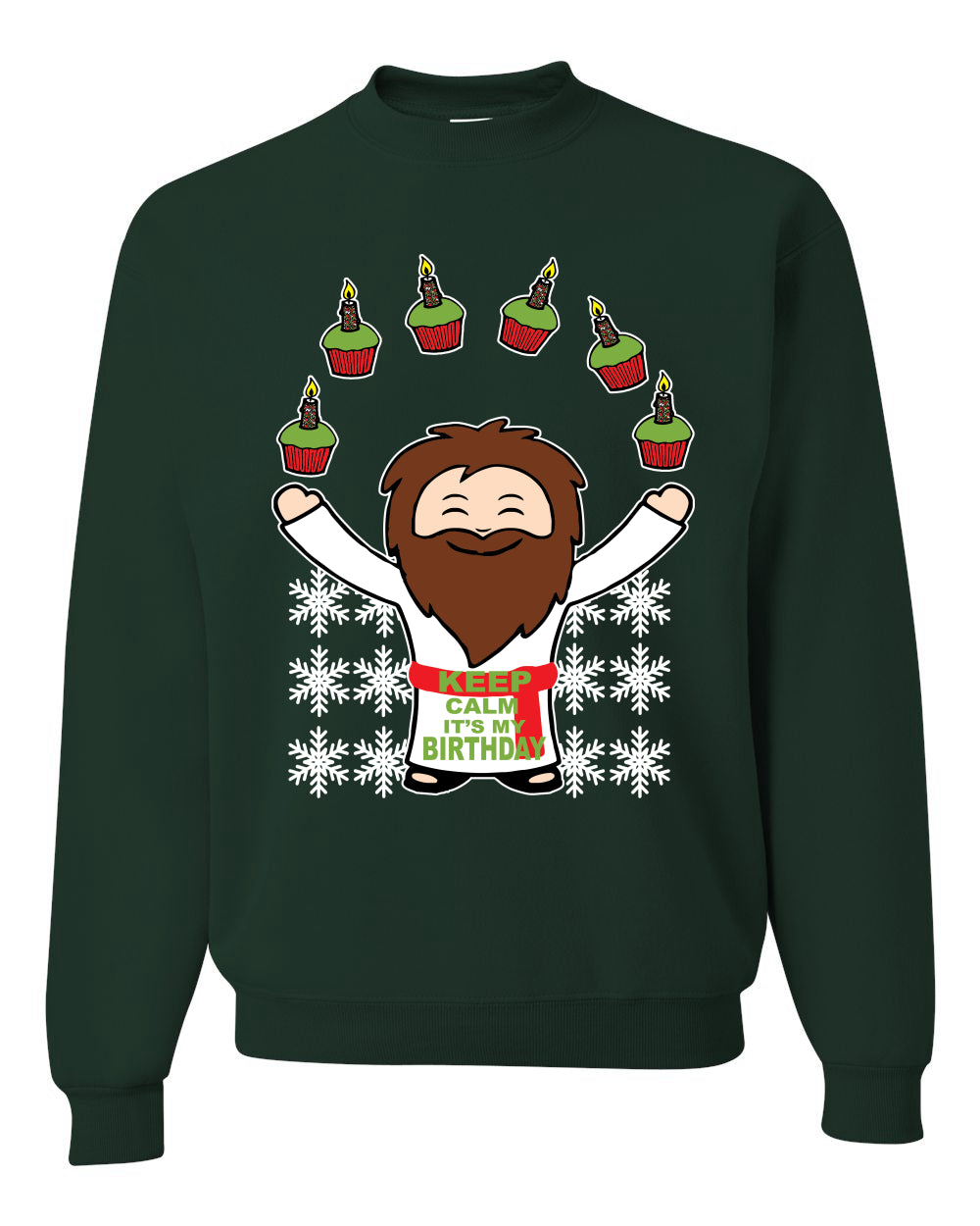 Keep Calm It's My Birthday Funny Jesus Juggling Cupcakes Merry Ugly Christmas Sweater Unisex Crewneck Graphic Sweatshirt