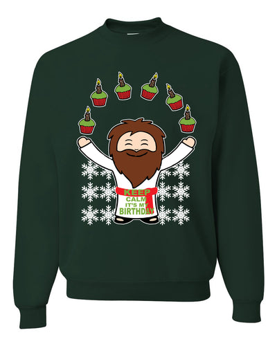 Keep Calm It's My Birthday Funny Jesus Juggling Cupcakes Merry Ugly Christmas Sweater Unisex Crewneck Graphic Sweatshirt