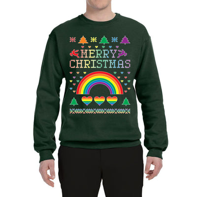 LGBT Rainbow Pride Hearts Reindeer Xmas Merry Ugly Christmas Sweater Unisex Crewneck Graphic Sweatshirt