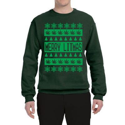 Merry Litmas Funny Weed Pot Leaf Marijuana Xmas Merry Ugly Christmas Sweater Unisex Crewneck Graphic Sweatshirt