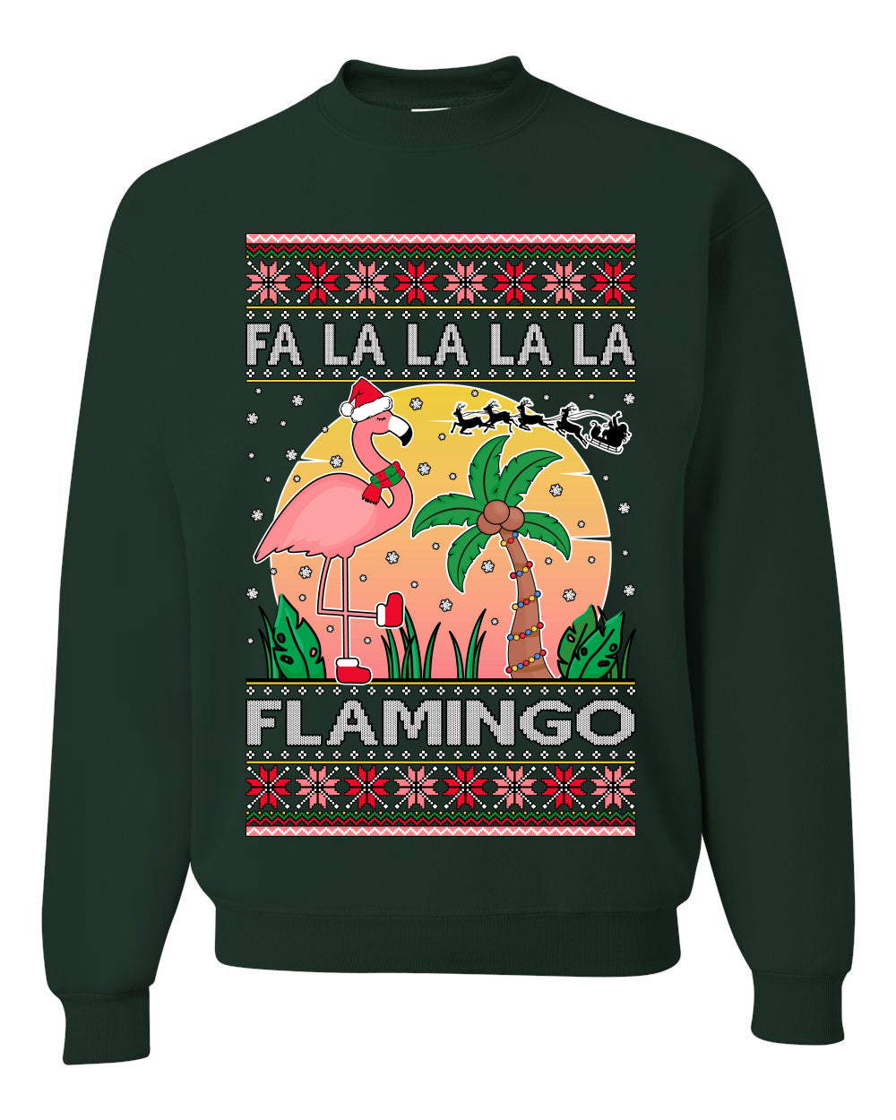 Fa La La La Mingo Pink Flamingo Santa Hat Lighting Trees Ugly Christmas Sweater Unisex Crewneck Graphic Sweatshirt