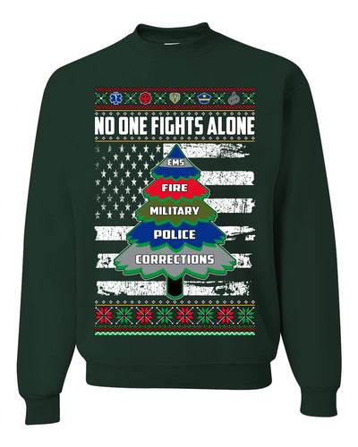 No One Fights Alone Holiday First Responder Police Fire Emt Ugly Christmas Sweater Unisex Crewneck Sweatshirt