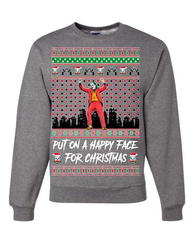 Villain Put on a Happy Face for Christmas  Ugly Christmas Sweater Unisex Crewneck Graphic Sweatshirt