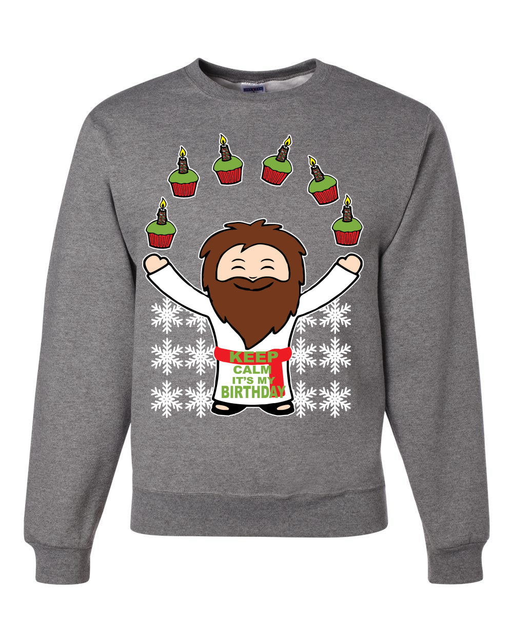 Keep Calm It's My Birthday Funny Jesus Juggling Cupcakes Merry Ugly Christmas Sweater Unisex Crewneck Graphic Sweatshirt