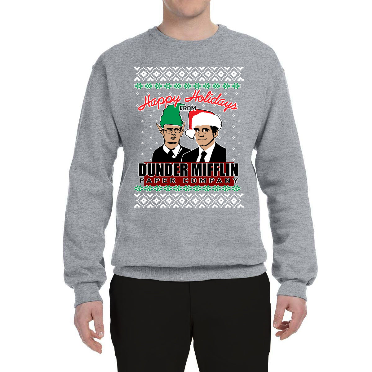 Happy Holidays From Dunder Mifflin Inc, Paper Company Mike and Dwight Ugly Christmas Sweater Unisex Crewneck Graphic Sweatshirt