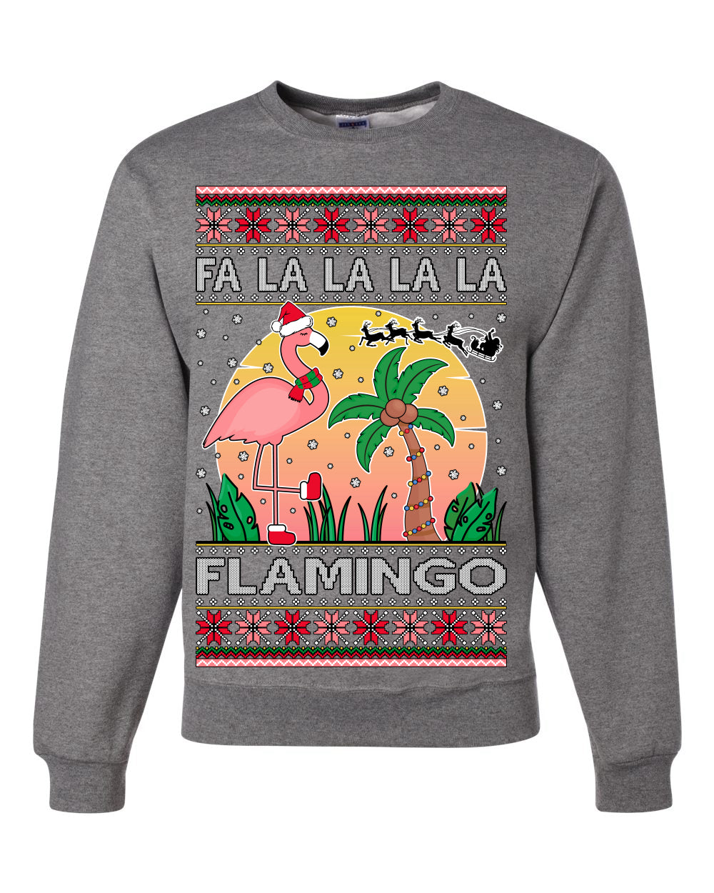 Fa La La La Mingo Pink Flamingo Santa Hat Lighting Trees Ugly Christmas Sweater Unisex Crewneck Graphic Sweatshirt