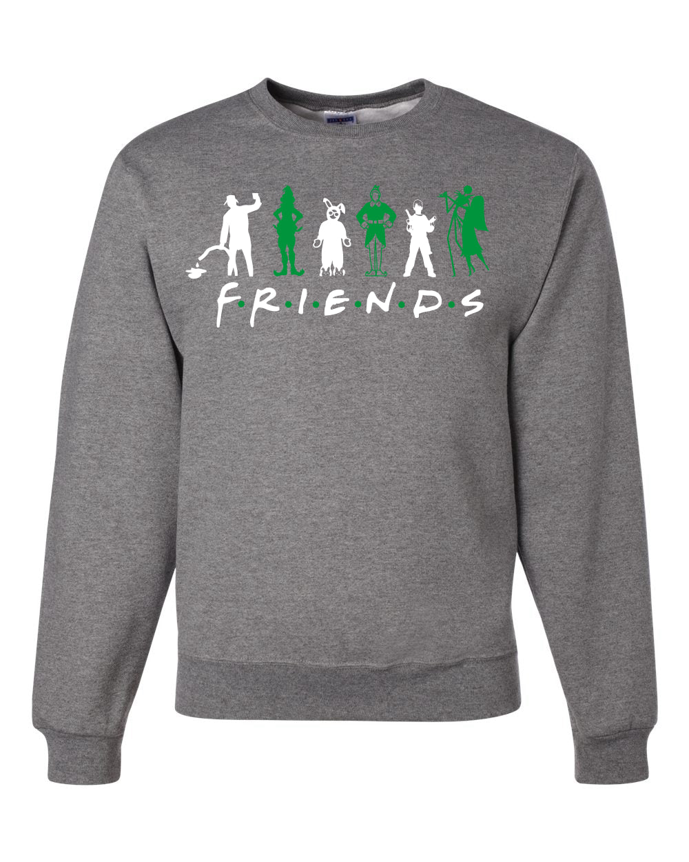 Iconic Holiday Movie Characters Friends Parody Green White Ugly Christmas Sweater Unisex Crewneck Sweatshirt