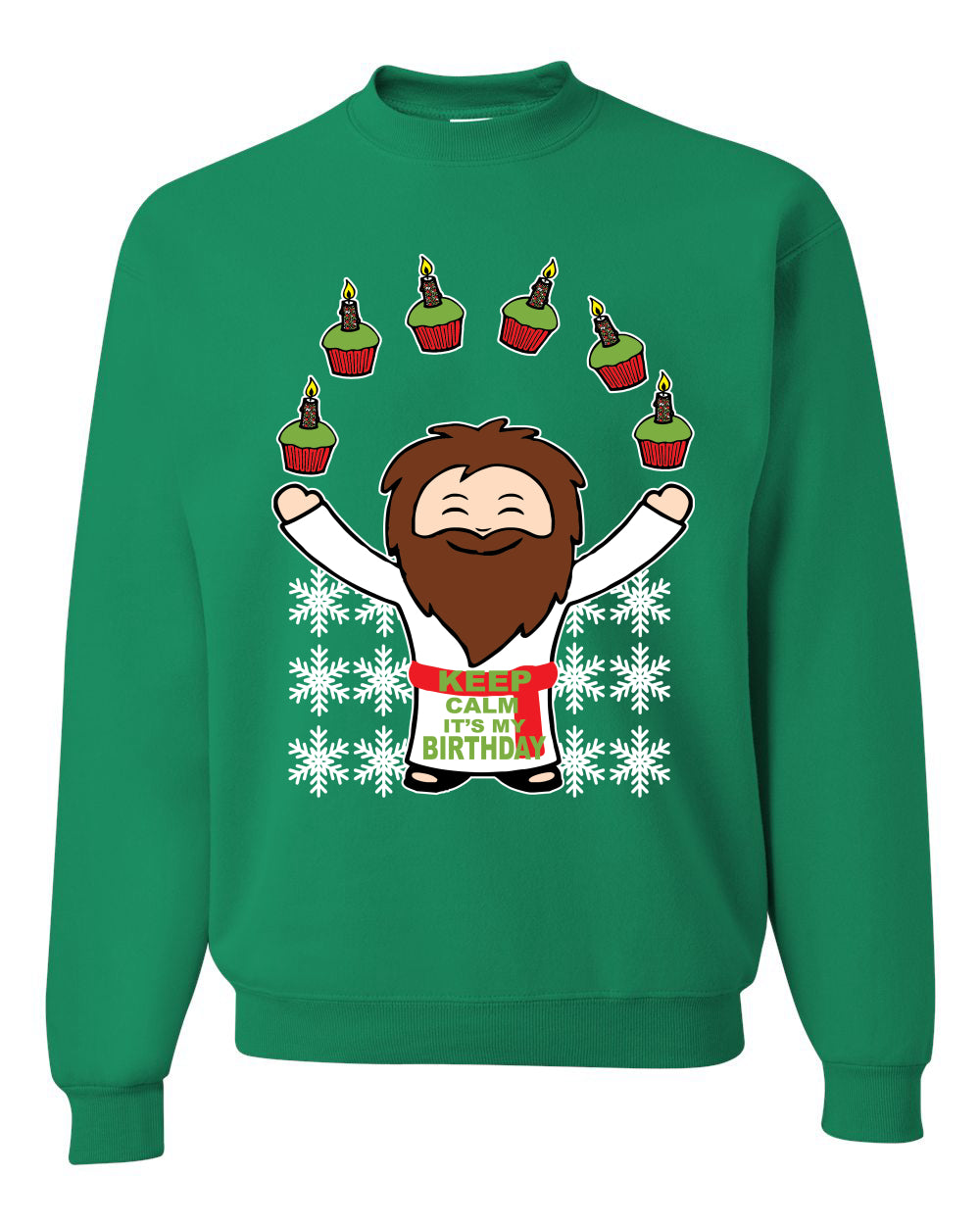 Keep Calm It's My Birthday Funny Jesus Juggling Cupcakes Merry Ugly Christmas Sweater Unisex Crewneck Graphic Sweatshirt