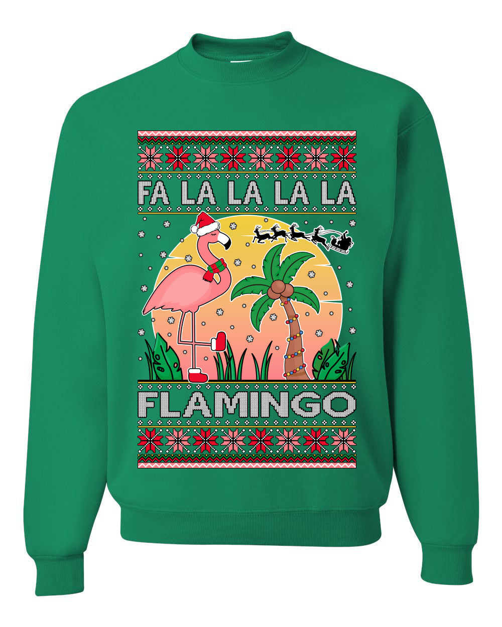 Fa La La La Mingo Pink Flamingo Santa Hat Lighting Trees Ugly Christmas Sweater Unisex Crewneck Graphic Sweatshirt