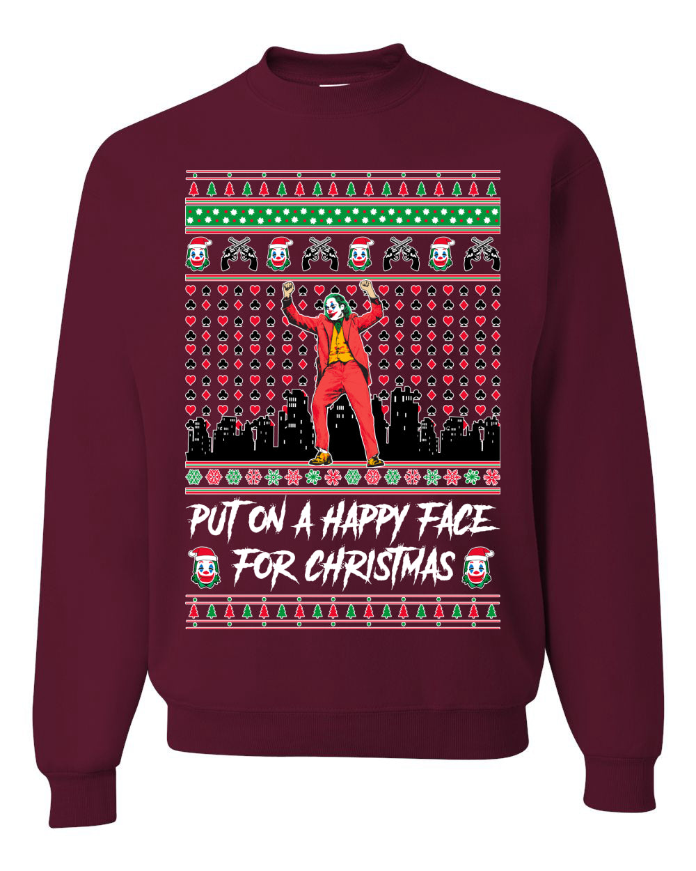 Villain Put on a Happy Face for Christmas  Ugly Christmas Sweater Unisex Crewneck Graphic Sweatshirt
