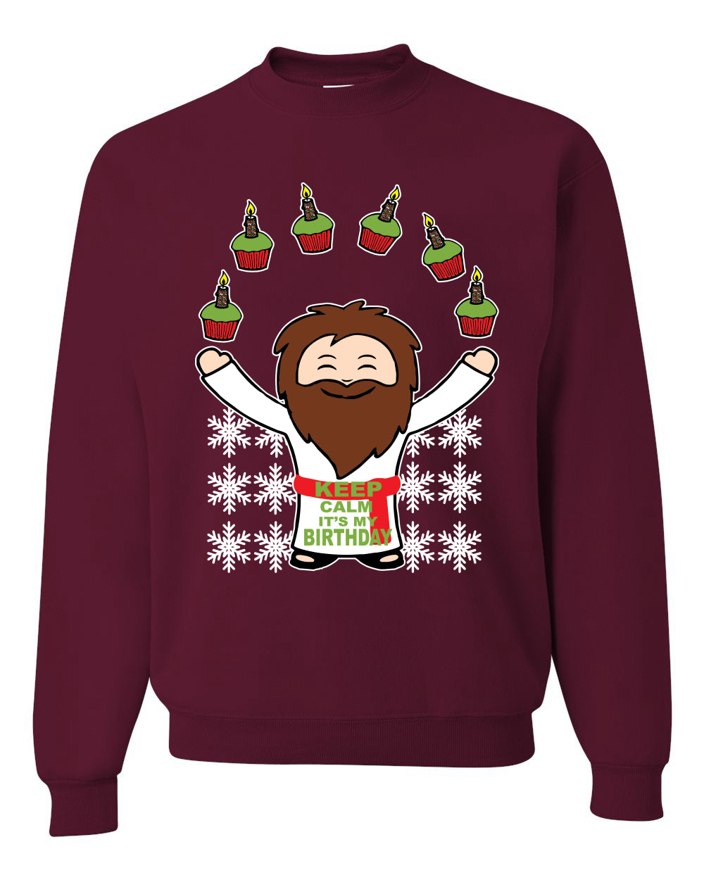 Keep Calm It's My Birthday Funny Jesus Juggling Cupcakes Merry Ugly Christmas Sweater Unisex Crewneck Graphic Sweatshirt