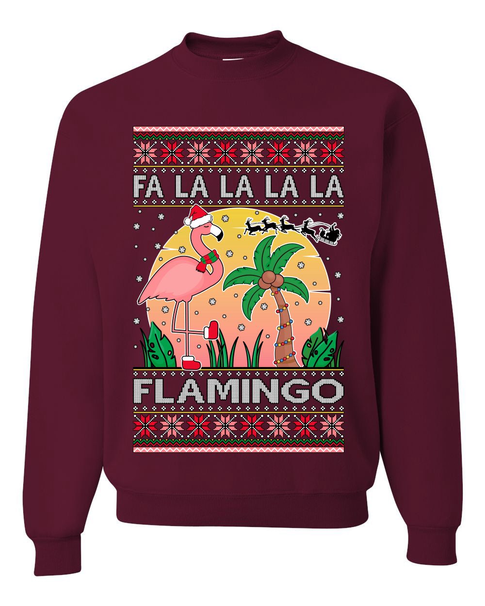 Fa La La La Mingo Pink Flamingo Santa Hat Lighting Trees Ugly Christmas Sweater Unisex Crewneck Graphic Sweatshirt