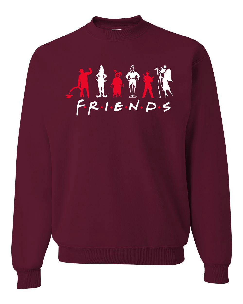 Iconic Holiday Movie Charcters Friends Parody Red White Ugly Christmas Sweater Unisex Crewneck Sweatshirt