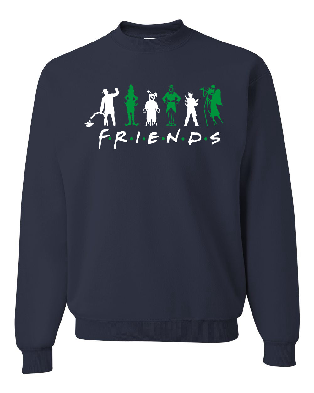 Iconic Holiday Movie Characters Friends Parody Green White Ugly Christmas Sweater Unisex Crewneck Sweatshirt