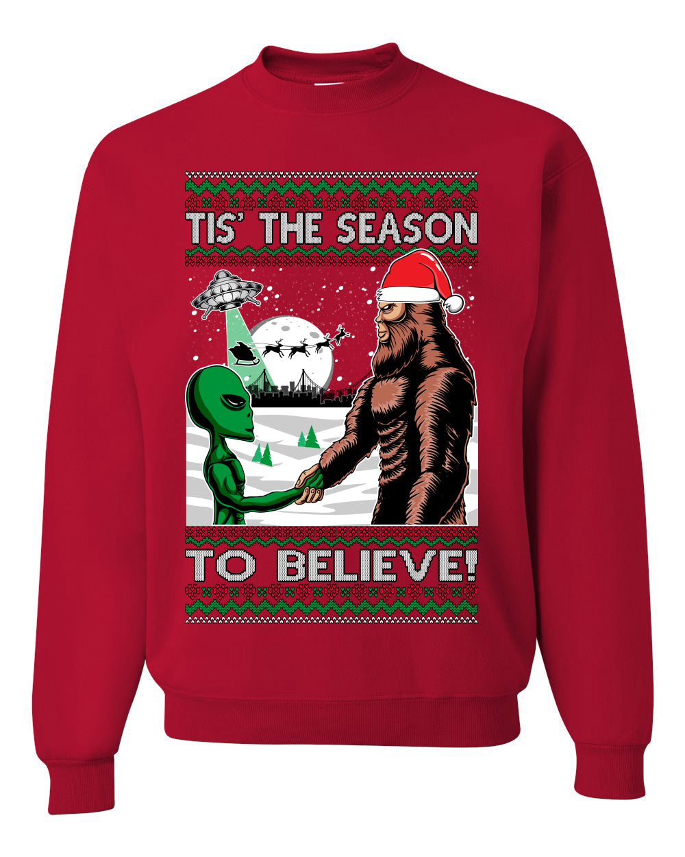 Bigfoot Tis' The Season to Believe in Conspiracies Aliens Ufo  Ugly Christmas Sweater Unisex Crewneck Graphic Sweatshirt