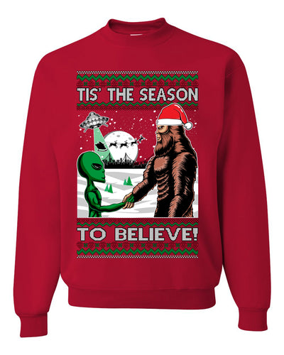 Bigfoot Tis' The Season to Believe in Conspiracies Aliens Ufo  Ugly Christmas Sweater Unisex Crewneck Graphic Sweatshirt