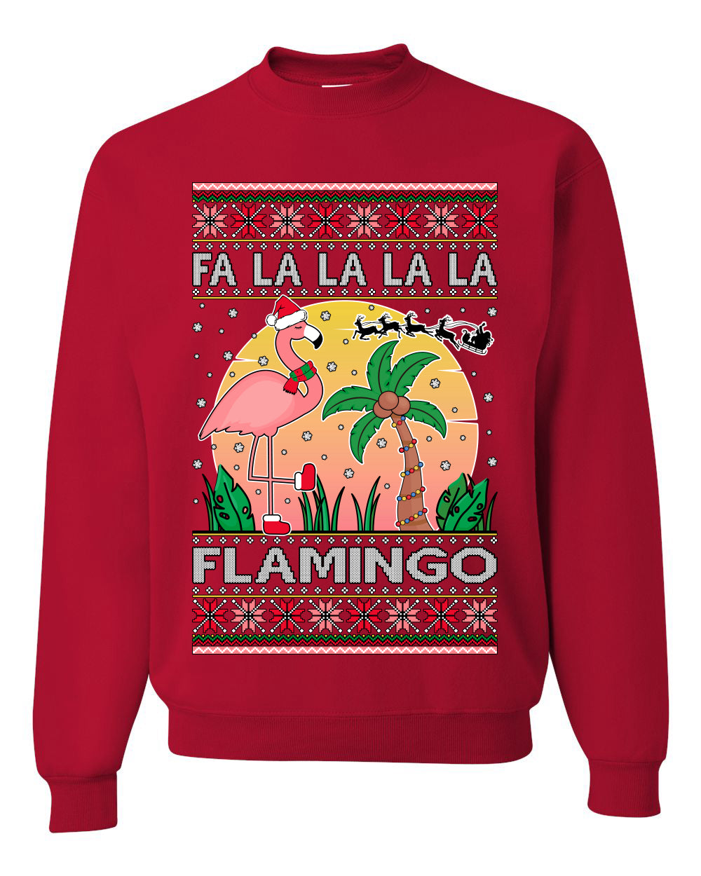Fa La La La Mingo Pink Flamingo Santa Hat Lighting Trees Ugly Christmas Sweater Unisex Crewneck Graphic Sweatshirt