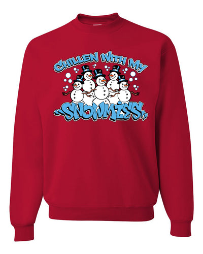 Chillin With My Snowmies Cute Snowman Group  Ugly Christmas Sweater Unisex Crewneck Graphic Sweatshirt