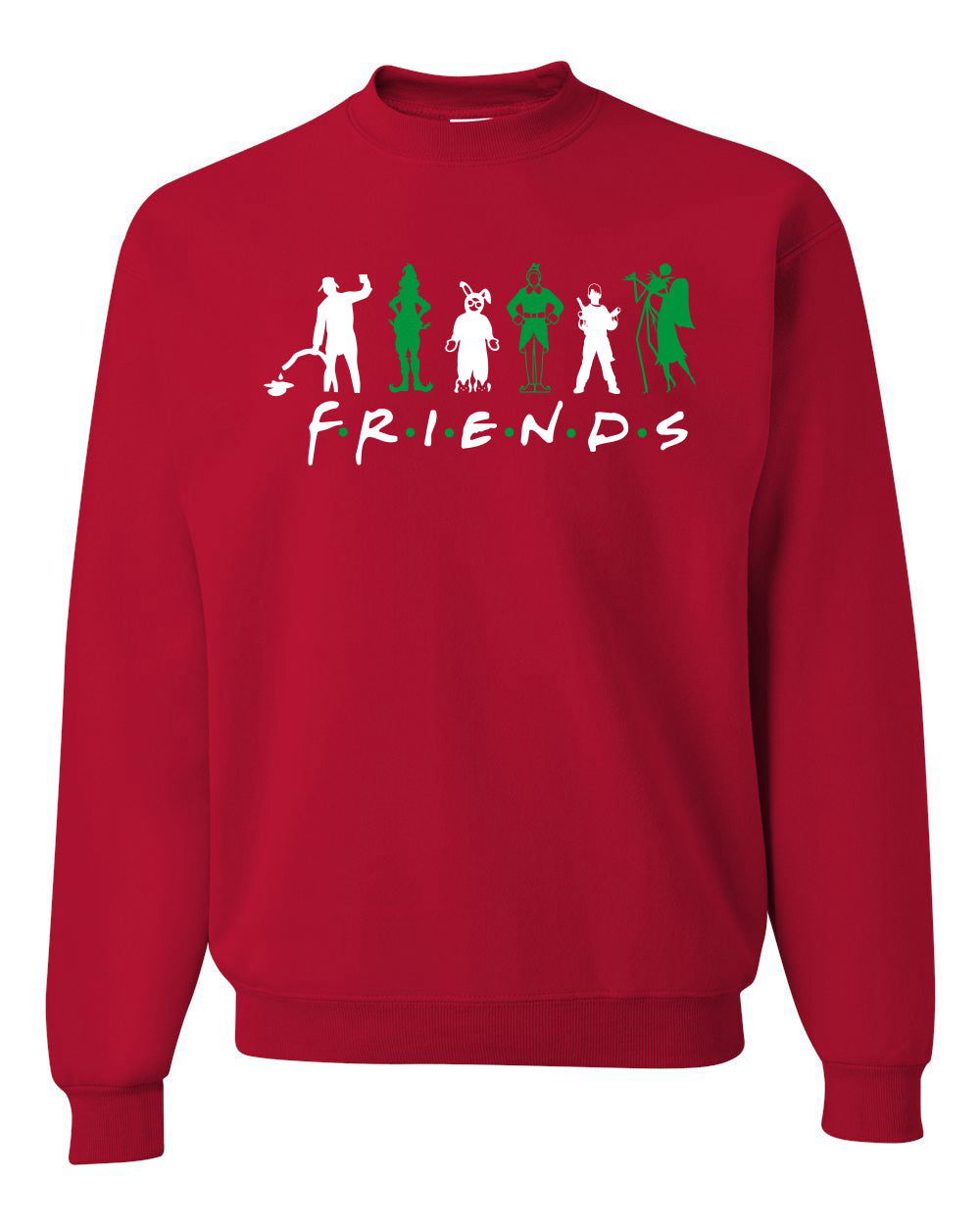 Iconic Holiday Movie Characters Friends Parody Green White Ugly Christmas Sweater Unisex Crewneck Sweatshirt