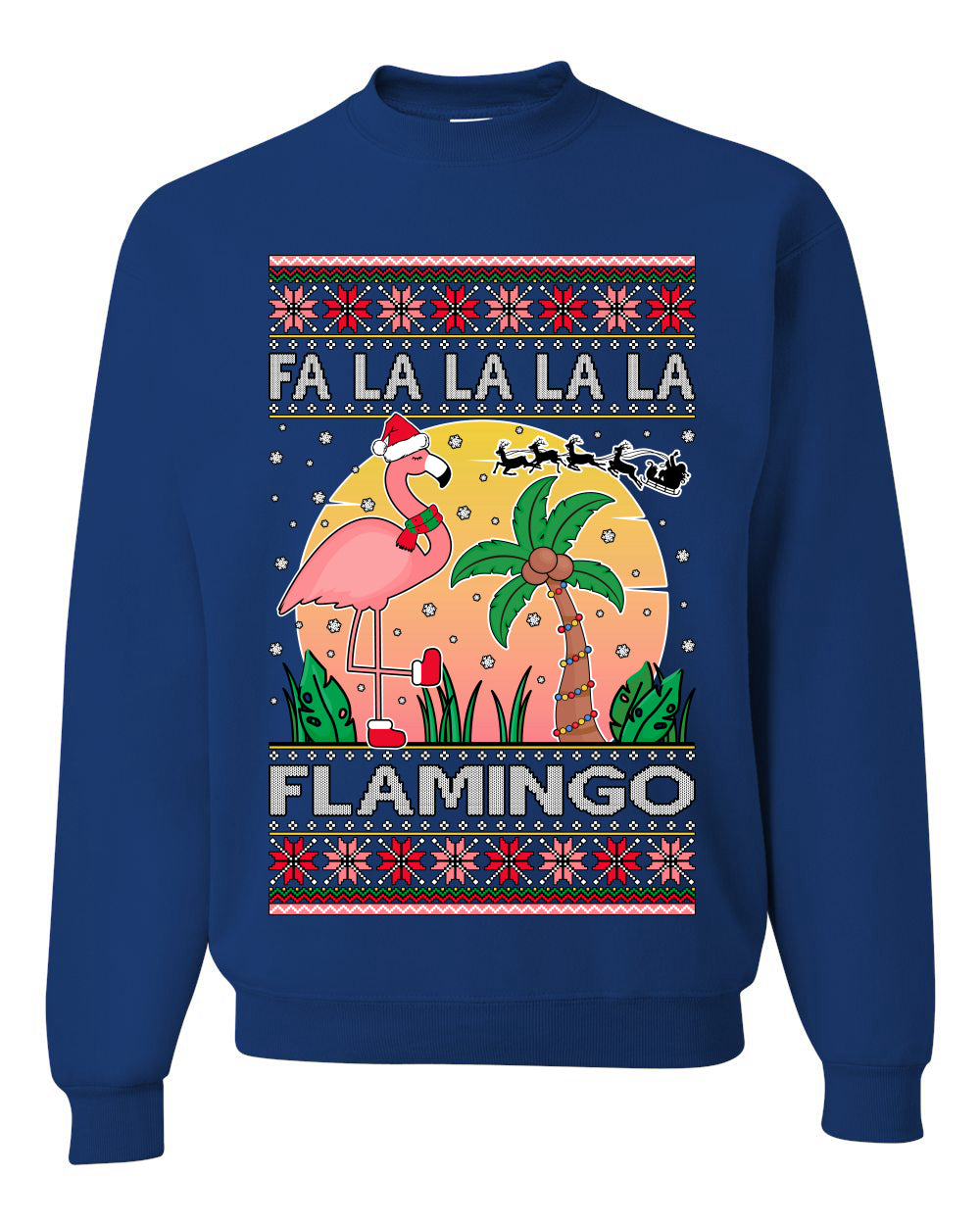Fa La La La Mingo Pink Flamingo Santa Hat Lighting Trees Ugly Christmas Sweater Unisex Crewneck Graphic Sweatshirt