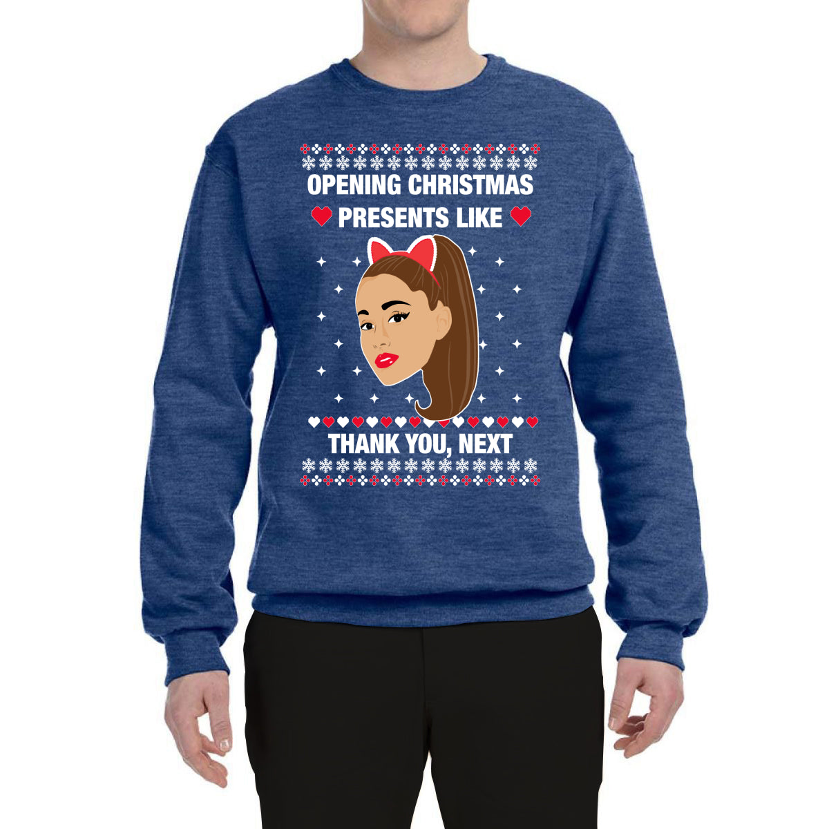 Opening Christmas Presents Like Thank You, Next Ugly Christmas Sweater Unisex Crewneck Graphic Sweatshirt
