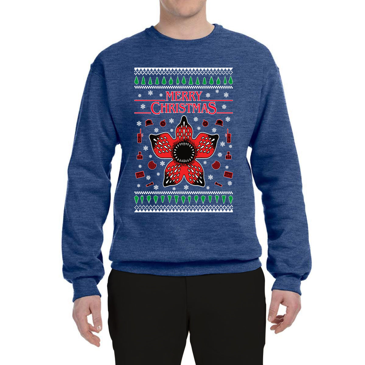 Merry Christmas Collage of Flower, Phone, Camera, and Compass Ugly Christmas Sweater Unisex Crewneck Graphic Sweatshirt