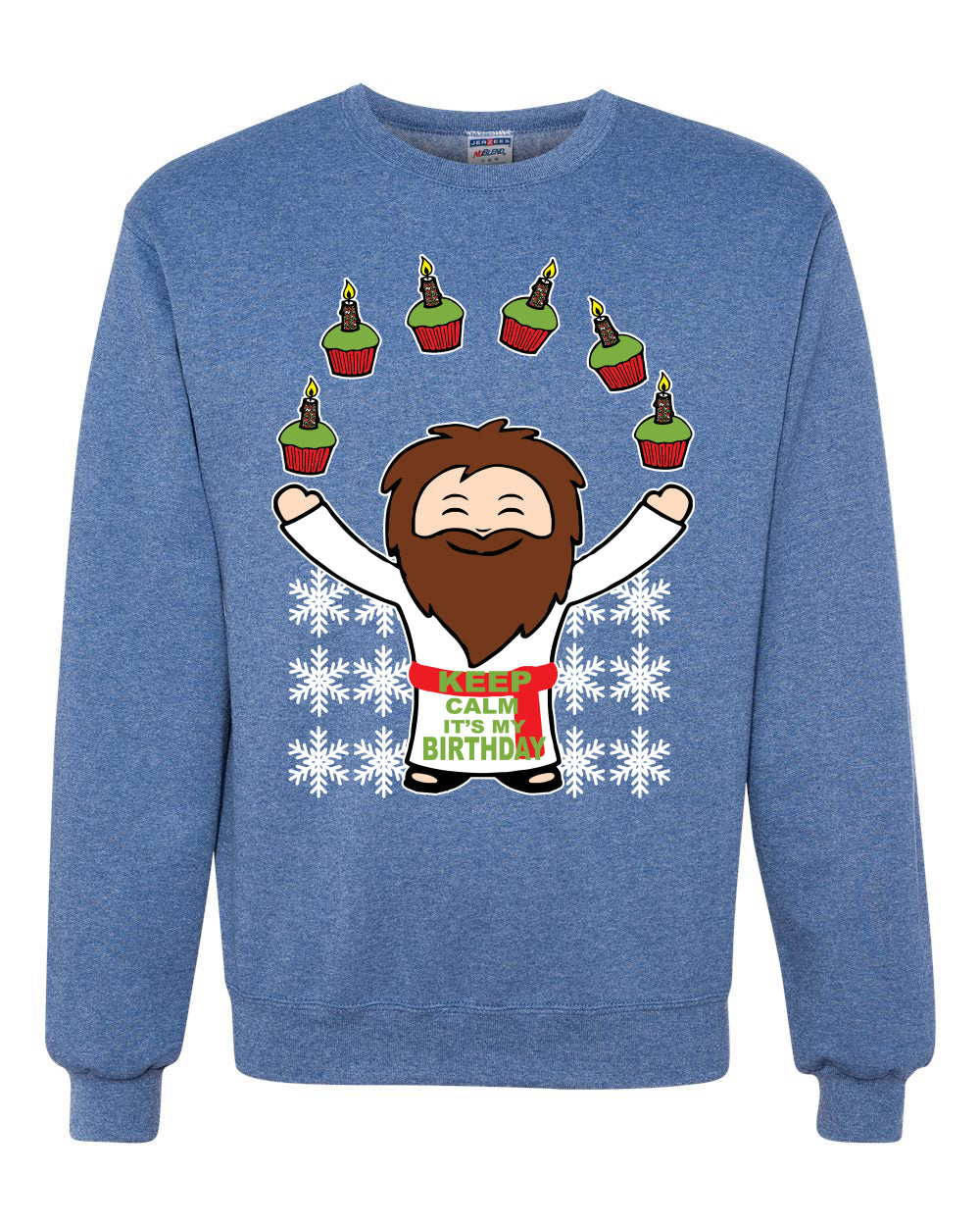 Keep Calm It's My Birthday Funny Jesus Juggling Cupcakes Merry Ugly Christmas Sweater Unisex Crewneck Graphic Sweatshirt