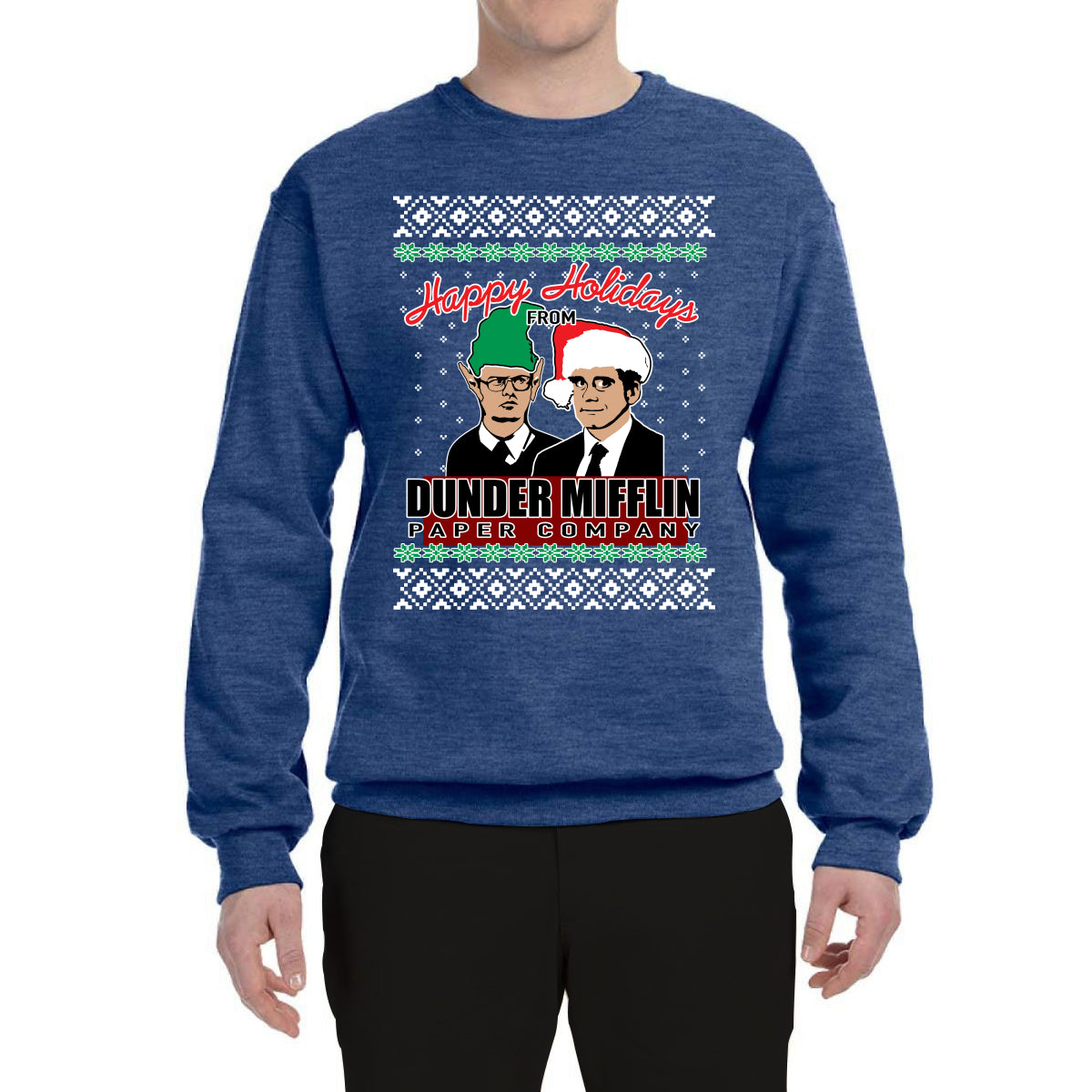 Happy Holidays From Dunder Mifflin Inc, Paper Company Mike and Dwight Ugly Christmas Sweater Unisex Crewneck Graphic Sweatshirt