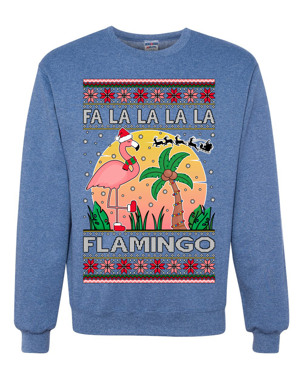 Fa La La La Mingo Pink Flamingo Santa Hat Lighting Trees Ugly Christmas Sweater Unisex Crewneck Graphic Sweatshirt