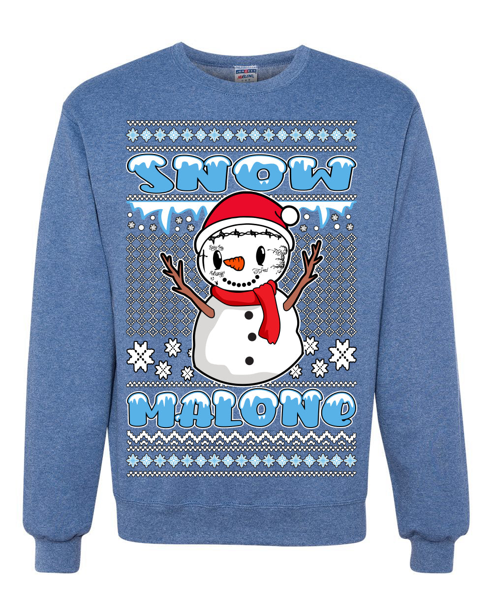 Snow Malone Snowman Face Tatoo Parody Ugly Christmas Sweater Unisex Crewneck Graphic Sweatshirt