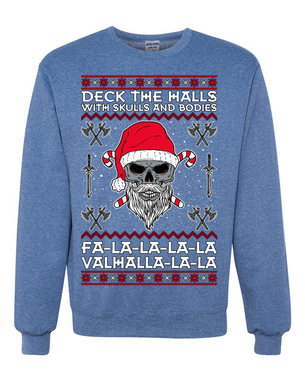 Valhalla Deck The Halls With Skulls & Bodies Ugly Christmas Sweater Unisex Crewneck Sweatshirt